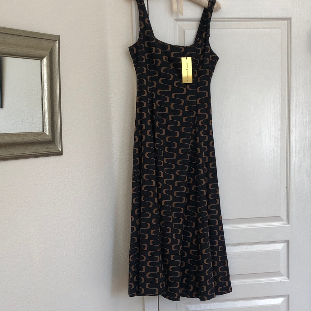 Christian Lacroix Black Midi Dress with Brown Geometric Print